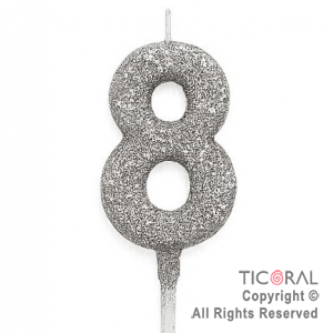 VELA NUMERAL CHICO 5.5 CM CON GIBRE PLATA NUMERO 8 x 1